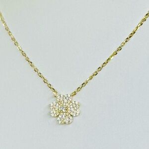 18K Gold and Sterling Silver Flower With Pave Crystals  Pendant  Necklace